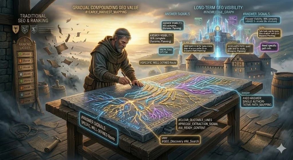 A middle-aged monk meticulously carving a brightly glowing, neon root-and-branch path mapping system onto a large stone tablet. In the background, traditional ranking scrolls are discarded, pointing toward a futuristic castle with vibrant signal beacons, demonstrating the long-term SEO cost value of building specific, well-defined routes for generative engine optimization (GEO).