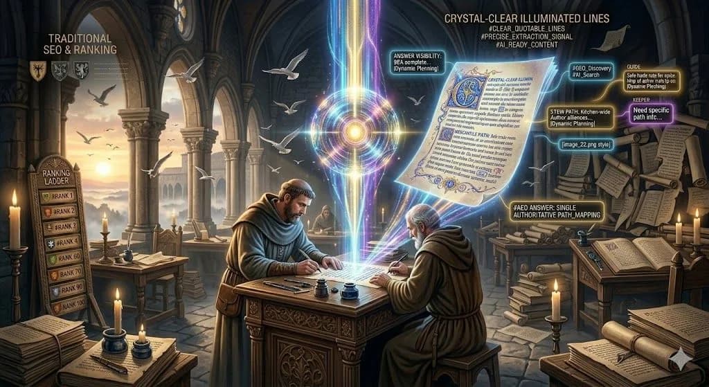 A large gathering of robed monks in a gothic stone cathedral looking at a large glowing orb and a holographic map of the United States. Futuristic digital UI callouts display AI search trends, answer visibility signals, and knowledge graphs, visualizing how the focus of SEO cost is shifting from traditional search scroll rankings to becoming verified answer keepers.