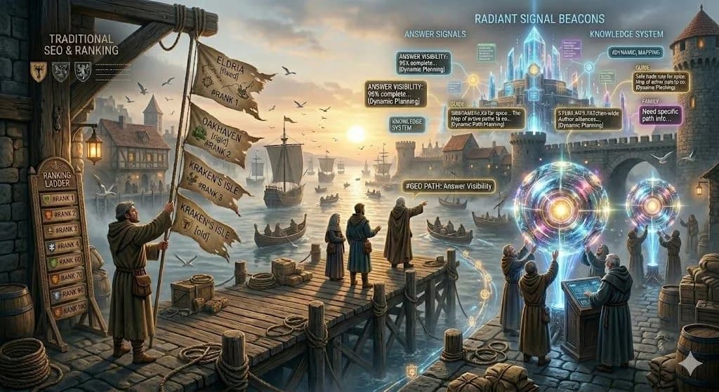 A bustling medieval harbour dock with glowing flags and signal beacons illustrates how small business SEO cost varies with strategy and support.