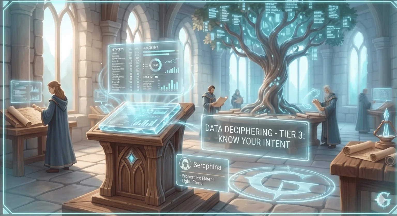 A sunlit medieval scriptorium with scholars around a glowing crystal tablet represents small business SEO as a system of clear signals and structured knowledge.