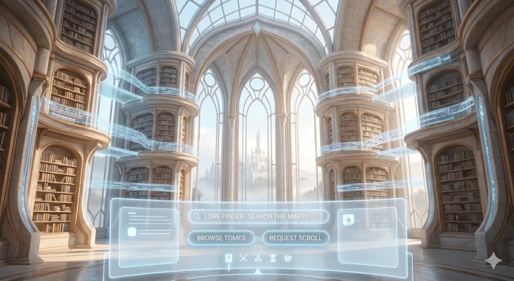 A majestic interior view of a massive, sunlit fantasy library, functioning as the Website Experience gateway. Towering, curved bookshelves are accessed via glowing, light-blue data streams. A holographic interface in the foreground features modern, stylized buttons: 'Browse Tomes,' 'Lore Finder,' and 'Request Scroll.' The entire scene uses a light, parchment, and azure palette.