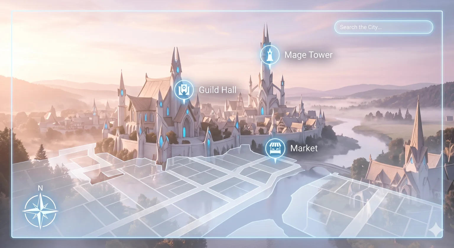A sprawling fantasy city at dawn with a glowing digital map overlay shows how Website Experience shapes whether visitors stay, explore, and convert.