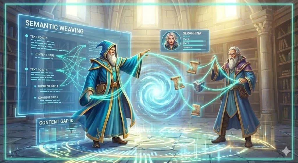 ide view of a large, sunlit medieval scriptorium filled with robed scholars. A central podium holds a glowing crystal tablet projecting a holographic visualization of keywords and charts. A large floating panel displays 'DATA DECIPHERING - TIER 3: KNOW YOUR INTENT.' This visualizes a Small Business SEO guide.