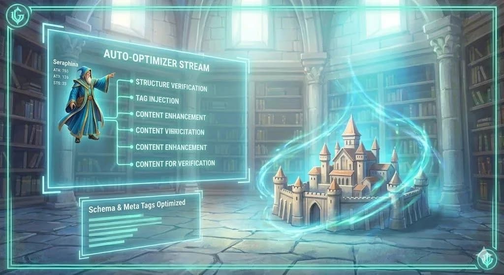 A miniature model of connected stone spires linked by glowing energy filaments shows how AI services build the relationships that lift business visibility.