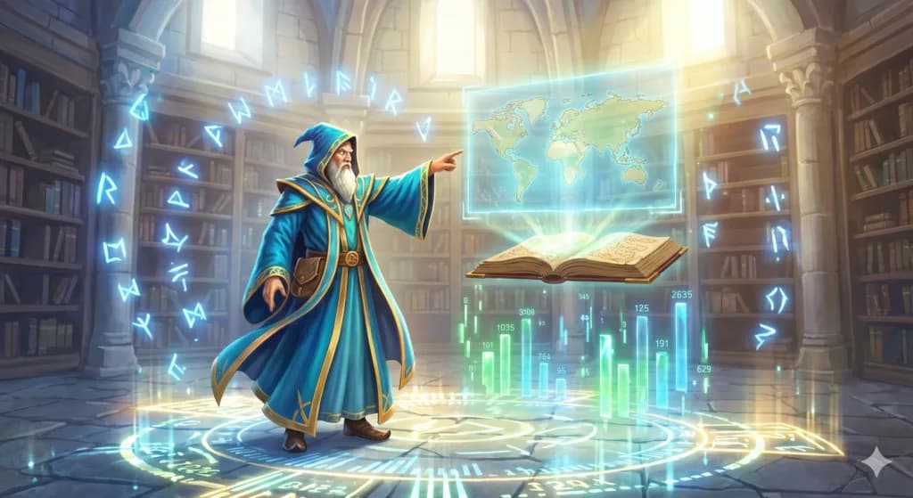 A robed wizard in a vibrant, glowing library deciphers glowing digital runes projected above an ancient, leather-bound tome. A holographic blue overlay displays floating "search volume" bars and connections. Symbolizing SEO strategy