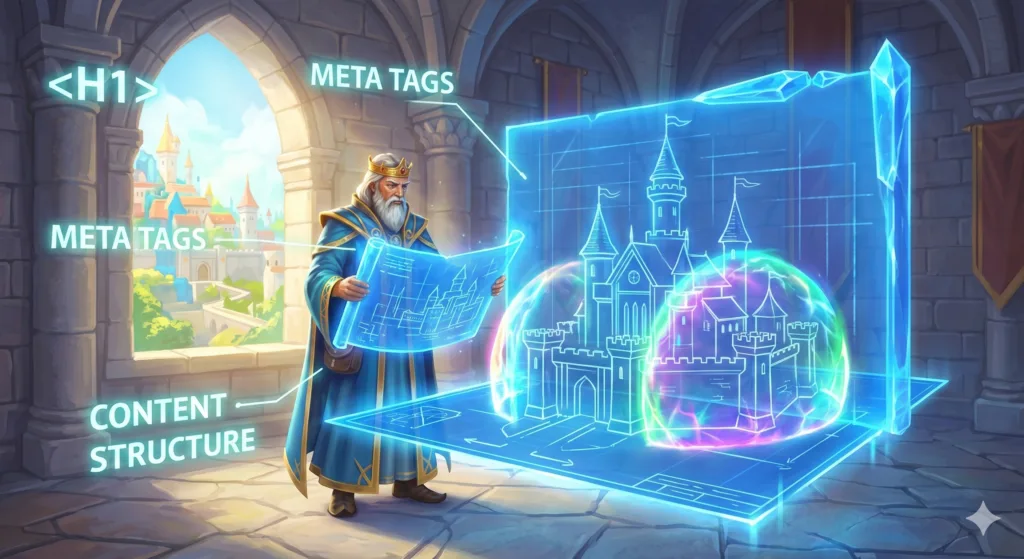 A royal architect, referencing a floating crystal blueprint (seen in image_0.png), directs workers building a vibrant, reinforced stone tower. The blueprint shows glowing green schematic lines. Digital text labels like , META, and CONTENT are projected onto the physical castle walls.