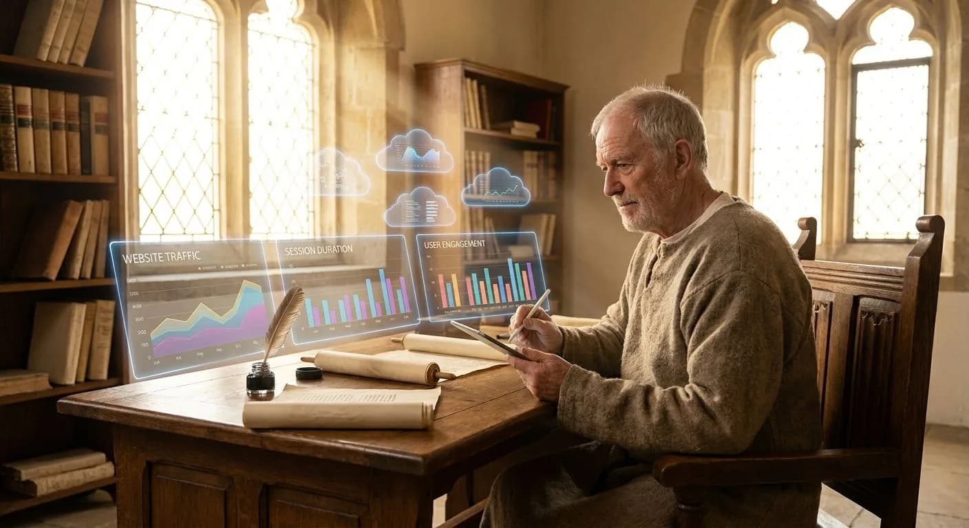 Medieval scribe at a sunlit scriptorium desk with ancient ledgers beside glowing analytics dashboards showing website traffic data and session graphs