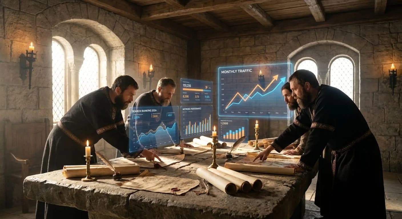 Medieval council chamber with advisors studying glowing search ranking charts and keyword performance dashboards projected across a stone table covered in parchment maps