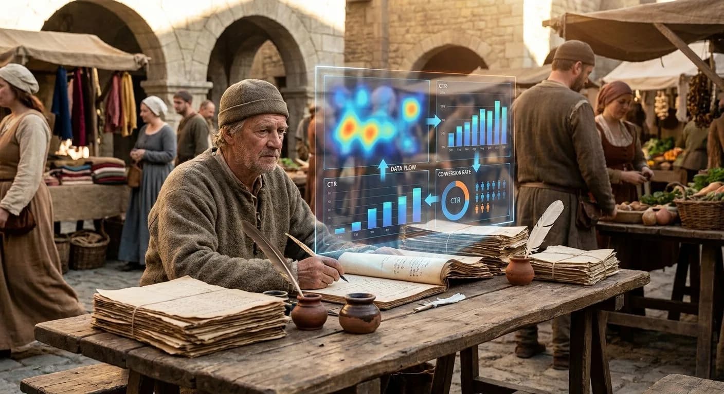 Medieval merchant at a sunlit market reviewing trade ledgers with glowing SEO heatmaps and conversion rate dashboards floating above the parchment