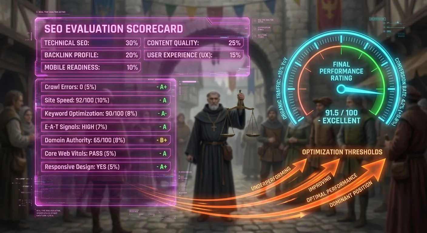 A neon holographic SEO evaluation scorecard filling the frame — neon magenta weighted criteria panel, neon cyan final score dial in the green zone, neon orange tipping-point indicator arrows — with a softly blurred medieval town square weighing ceremony visible behind the glowing dashboard