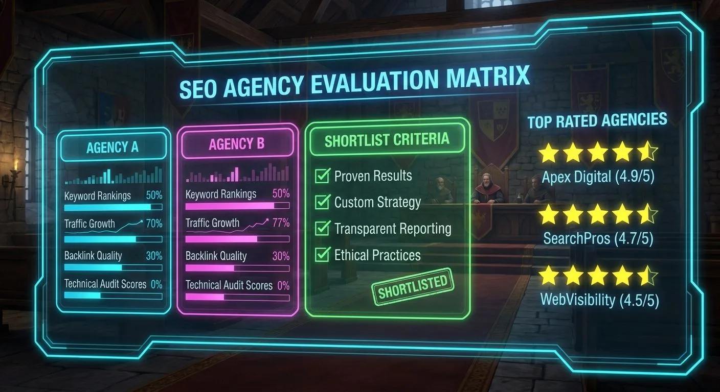 A neon holographic SEO agency evaluation dashboard — cyan and magenta comparison scorecards, neon green shortlist panel, neon yellow star ratings — filling the frame as the hero, with a softly blurred medieval guild hall and three guild masters visible behind the glowing panels