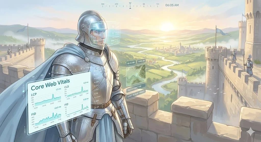A majestic medieval knight in shiny armor, with a flowing cloak of pale blue, stands on the ramparts of a stone castle overlooking a vibrant, rolling landscape. He wears a helmet with a clear visor that functions as a heads-up display (HUD). Integrated into the data-rich view is a panel showing "Core Web Vitals" for the castle's defenses, presented in a clean, digital font.