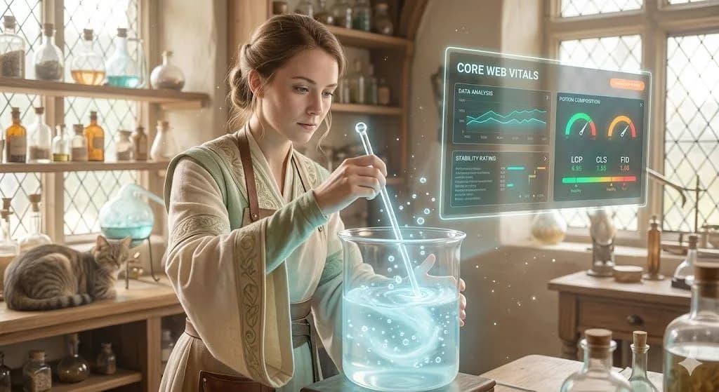 A medieval alchemist beside a glowing data panel labelled Core Web Vitals shows how page speed and user experience signal quality to Google.