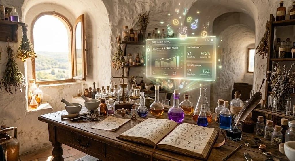 A fantasy alchemist's workbench bathed in light, featuring a subtle, luminous GA4 conversion tracking overlay that visually calculates successful potion sales data.