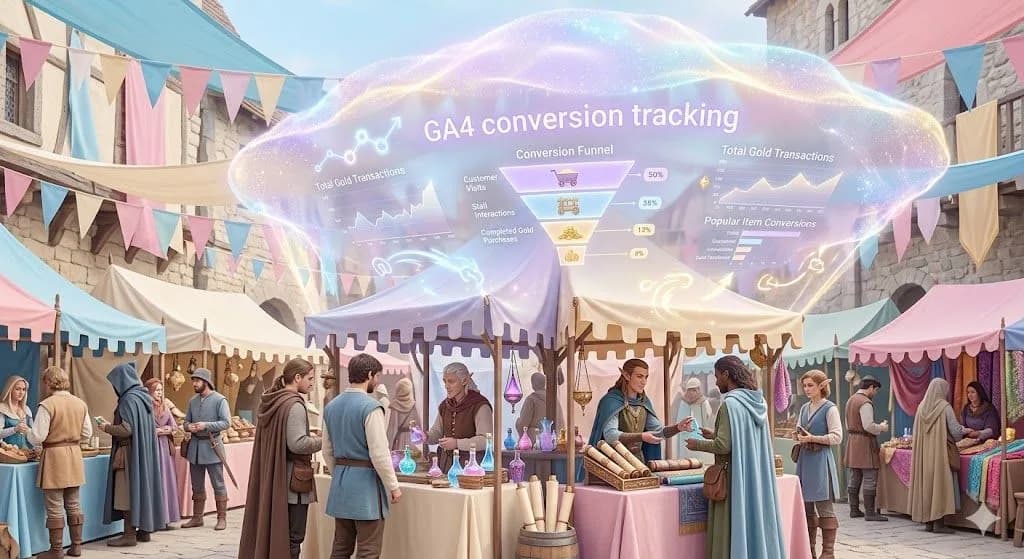 A photo of a busy, pastel-toned fantasy market where a soft, glowing holographic canopy clearly displays GA4 conversion tracking data, visualizing the customer journey to a successful magic item purchase.