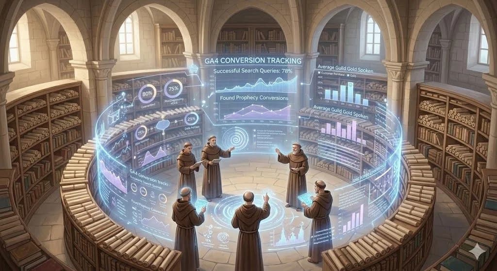 A sun-drenched fantasy monastery library where a luminous digital tapestry uses subtle GA4 conversion tracking visuals to chart the live success rate of archivists finding the correct prophecies.
