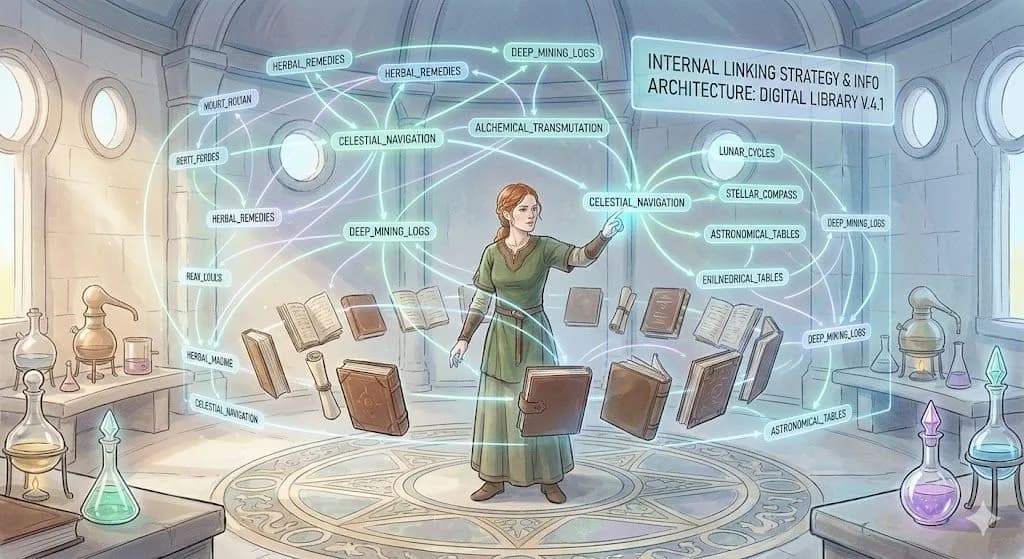 A high-fantasy digital painting with a light and airy color palette, depicting an alchemist or scholar in a laboratory filled with glowing potions and old books. The scholar is interacting with a complex, floating blue and green holographic display of text blocks and connecting lines. This interface models the internal linking strategy and information architecture of a massive digital library.