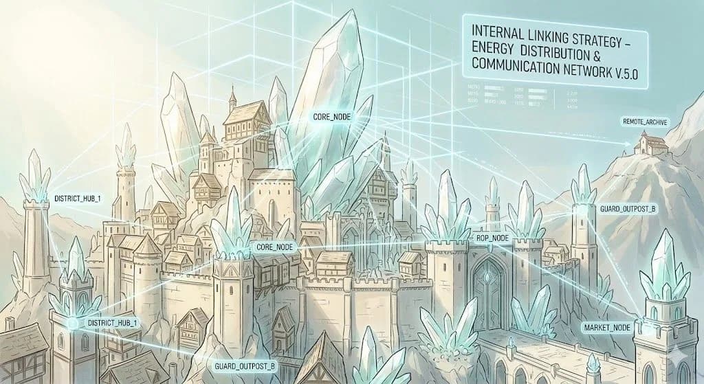 A fantasy conceptual art illustration rendered in a bright, light color scheme, showing a medieval fantasy city built around giant, luminous crystal formations. A faint, geometric, pale-blue digital grid overlay connects key crystal structures, mapping the city’s defensive grid as a physical representation of an internal linking strategy.