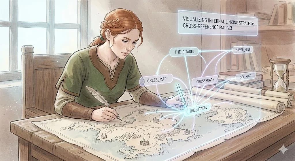 A medieval cartographer's desk overlaid with glowing node pathways shows how an internal linking strategy connects your pages for search visibility.