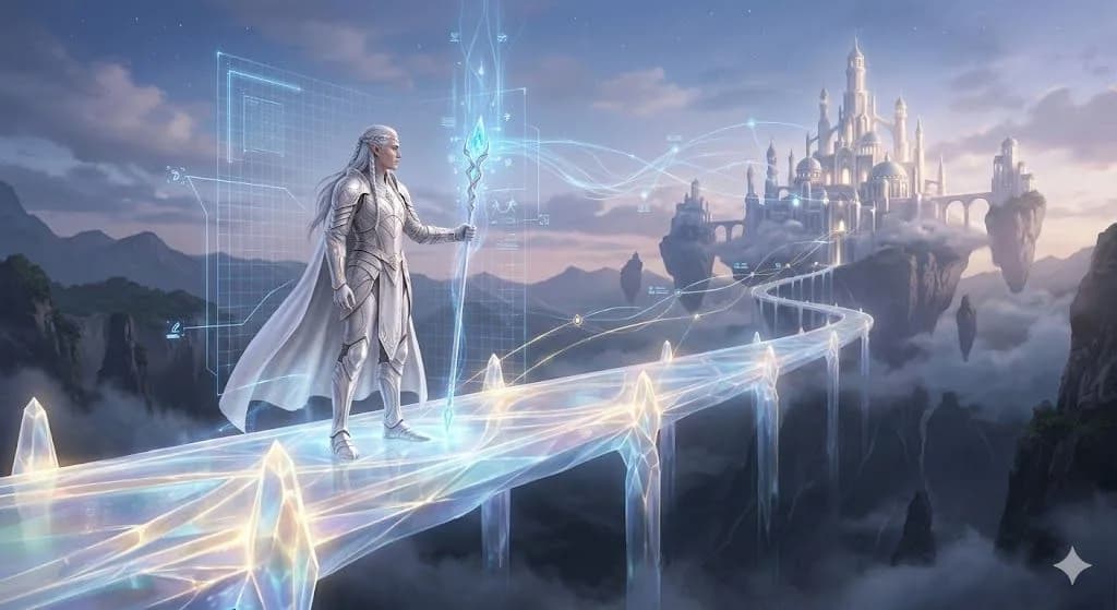 An ornate medieval spellbook in a bright, white marble library is open, with modern holographic blue and gold digital projections hovering above the pages, visualizing a networked diagram as a representation of link building.