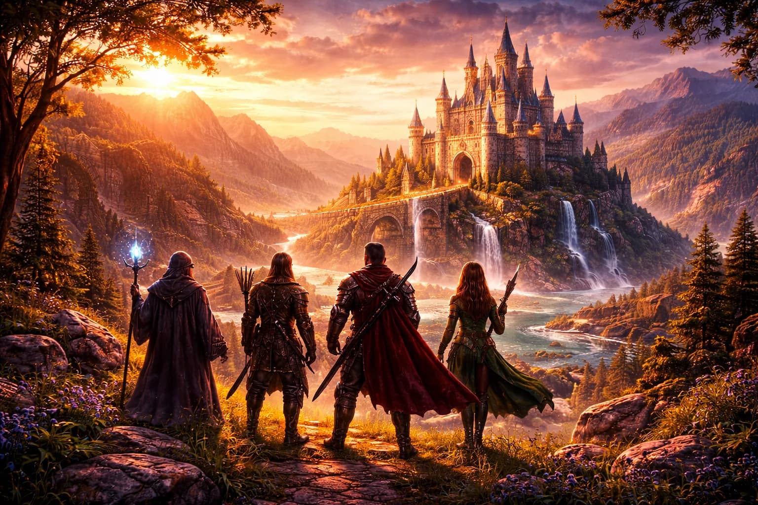 Four fantasy adventurers surveying a cliffside castle at sunset represent link building as the steady work of earning trust across the web.