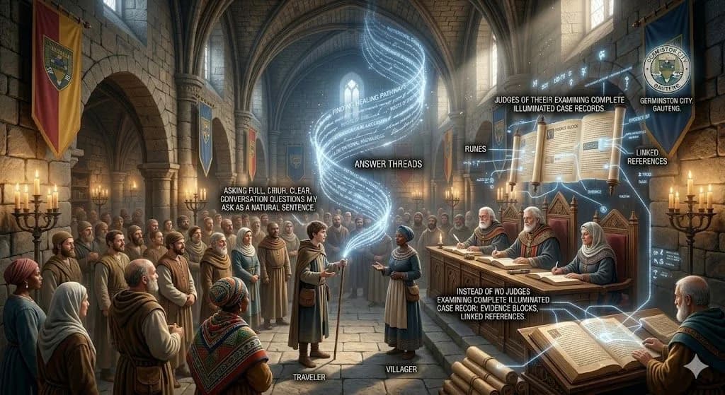 Medieval court scene illustrating local citation building through evidence-backed case records and linked references