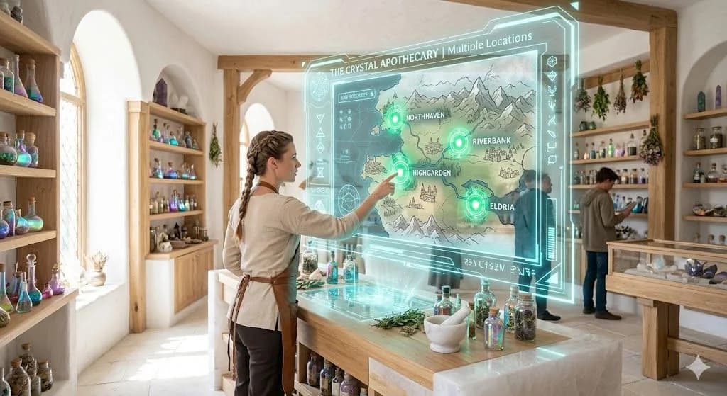 A brightly lit, white crystal apothecary shop with shimmering green and gold digital holographic overlays displaying a map of various city storefront locations, optimized for local SEO for multiple locations.