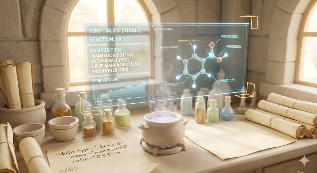 A sunlit workshop scene focused on an alchemist brewing a light-colored potion, with a detailed, glowing blue holographic schema markup overlay displaying real-time data, molecular structures, and compositional analysis of the liquid.