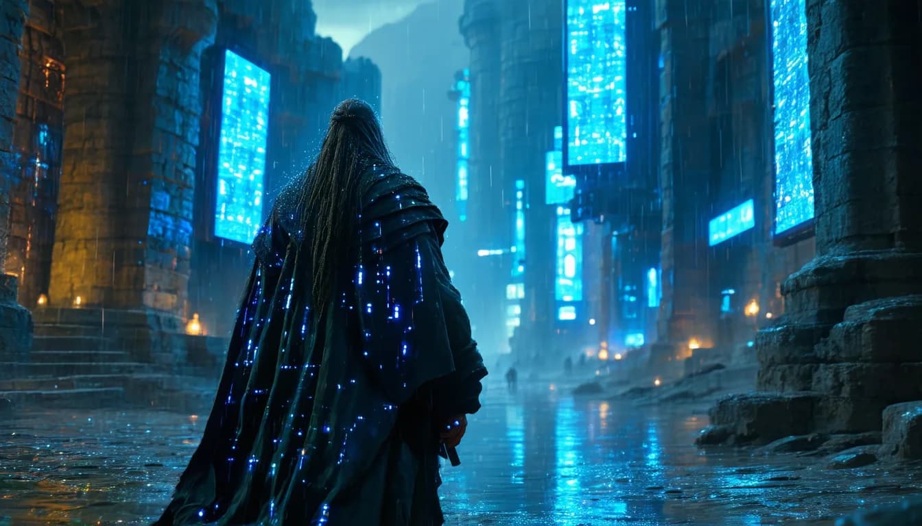 A cloaked figure in a rain-slicked digital alley looks toward a futuristic medieval city — schema markup gives search engines the structured data to read your pages.