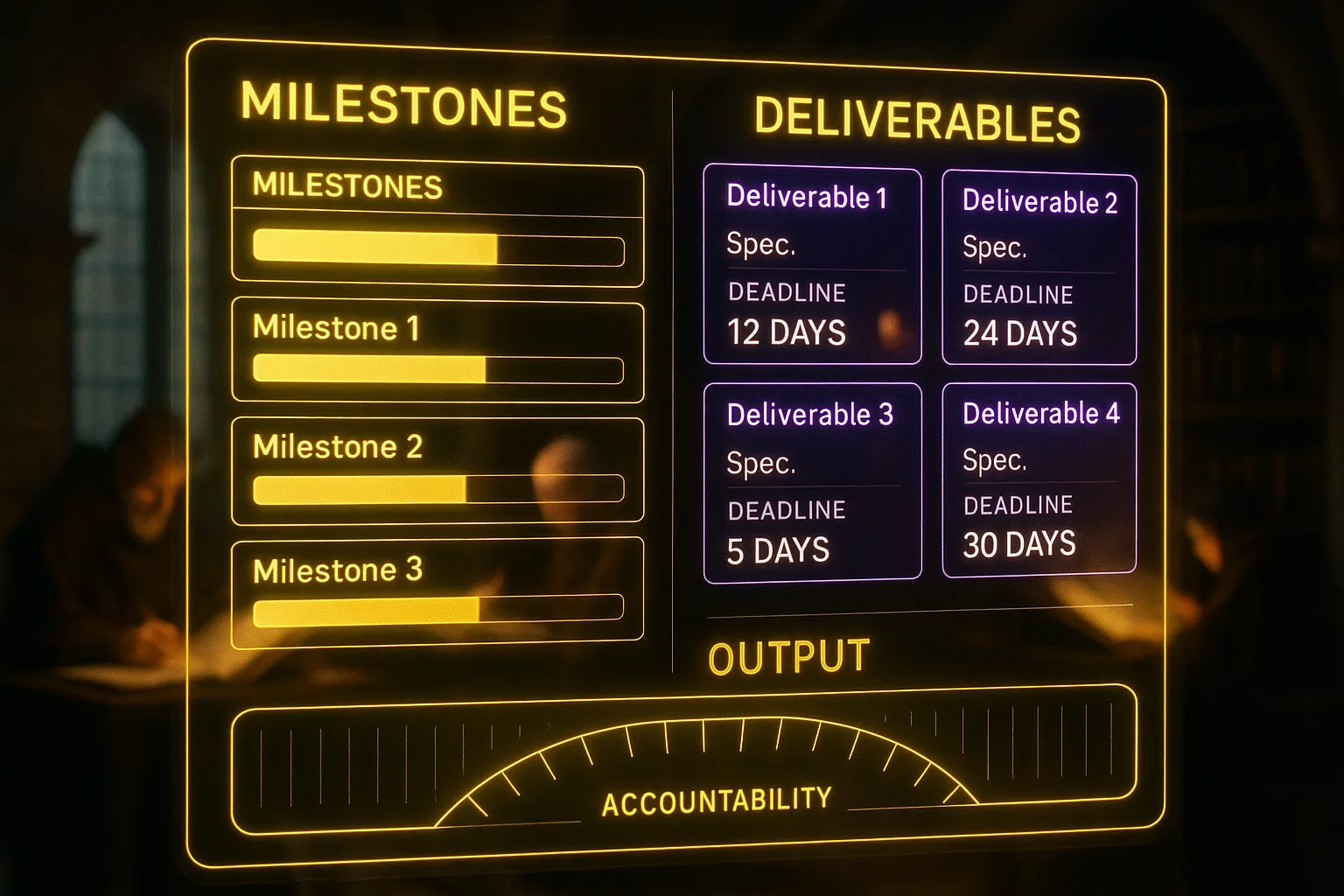 A neon yellow and purple holographic deliverables-tracking dashboard dominates the image in sharp detail above a softly blurred medieval scriptorium where monks copy manuscripts at wooden desks.