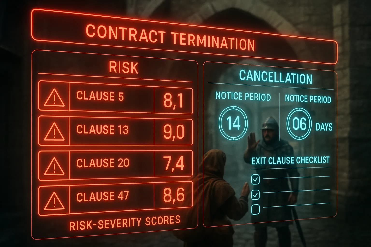 A neon red and cyan holographic contract-risk and cancellation dashboard glows in sharp focus in the foreground while a blurred medieval city gate gatekeeper blocks a merchant trying to pass through.