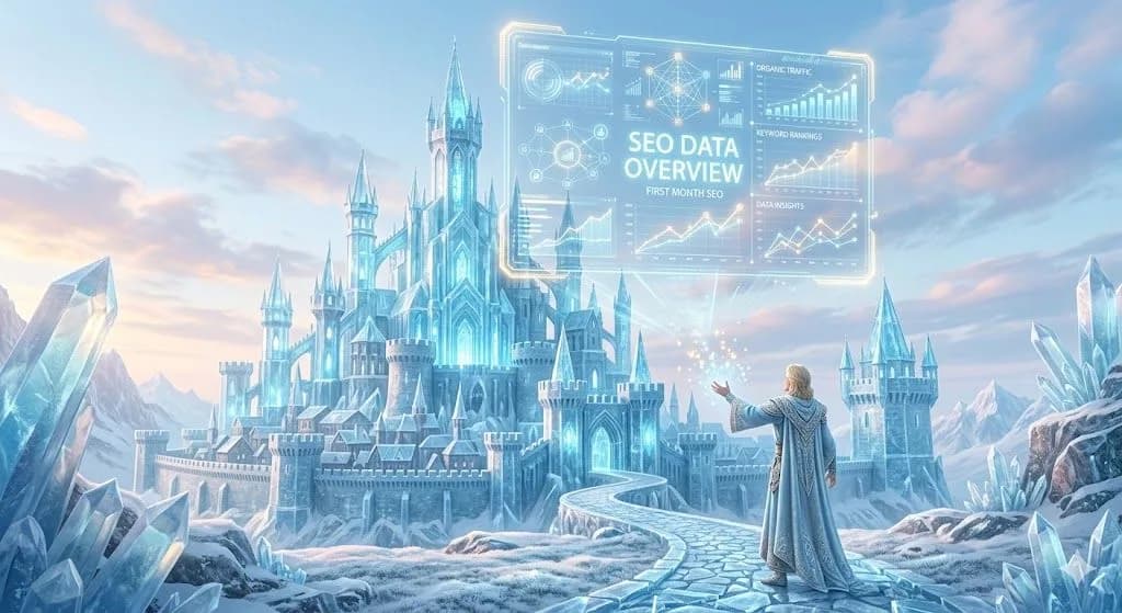 First Month SEO visualization showing a sparkling crystal data keep in a medieval fantasy setting. The large holographic overlay displays key performance metrics in a bright blue light.