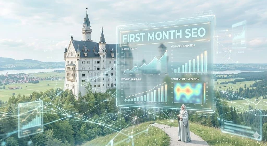 First Month SEO optimization visualized. A large, transparent digital overlay with growth charts and network nodes floats in front of a sprawling medieval castle under a pale, cloudy sky. A wizard-like figure stands below, gesturing toward the data.