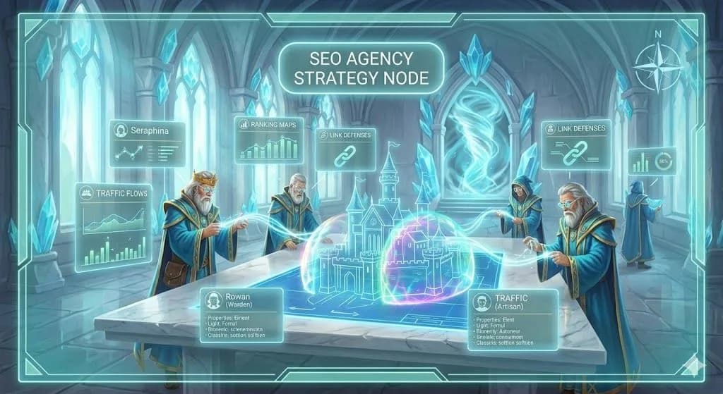 Wizards at a table studying a glowing seo agency strategy node map.