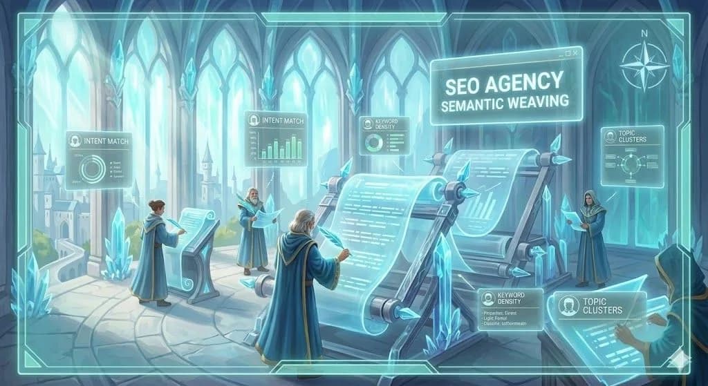 Wizards in a hall working on seo agency semantic weaving and topic clusters