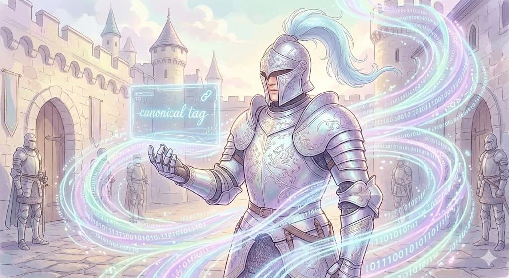 A vibrant digital image featuring a light, dreamlike color palette of pastels (lavender, mint green, pale pink, soft yellow). The scene shows a knight (canonical tag) in polished plate armor standing in a stone castle courtyard. Instead of standard light, the knight is surrounded by glowing streams of digital code and binary, which form abstract patterns around him. These glowing lines of data are subtly manipulated by the knight's presence, and a stylized "canonical tag" icon is visible in a small holographic display floating near his hand.