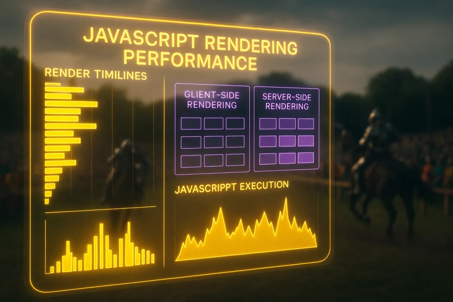 A yellow and purple neon JavaScript rendering performance dashboard fills the frame with a softly blurred medieval tournament field visible in the background, armoured knights charging on horseback.