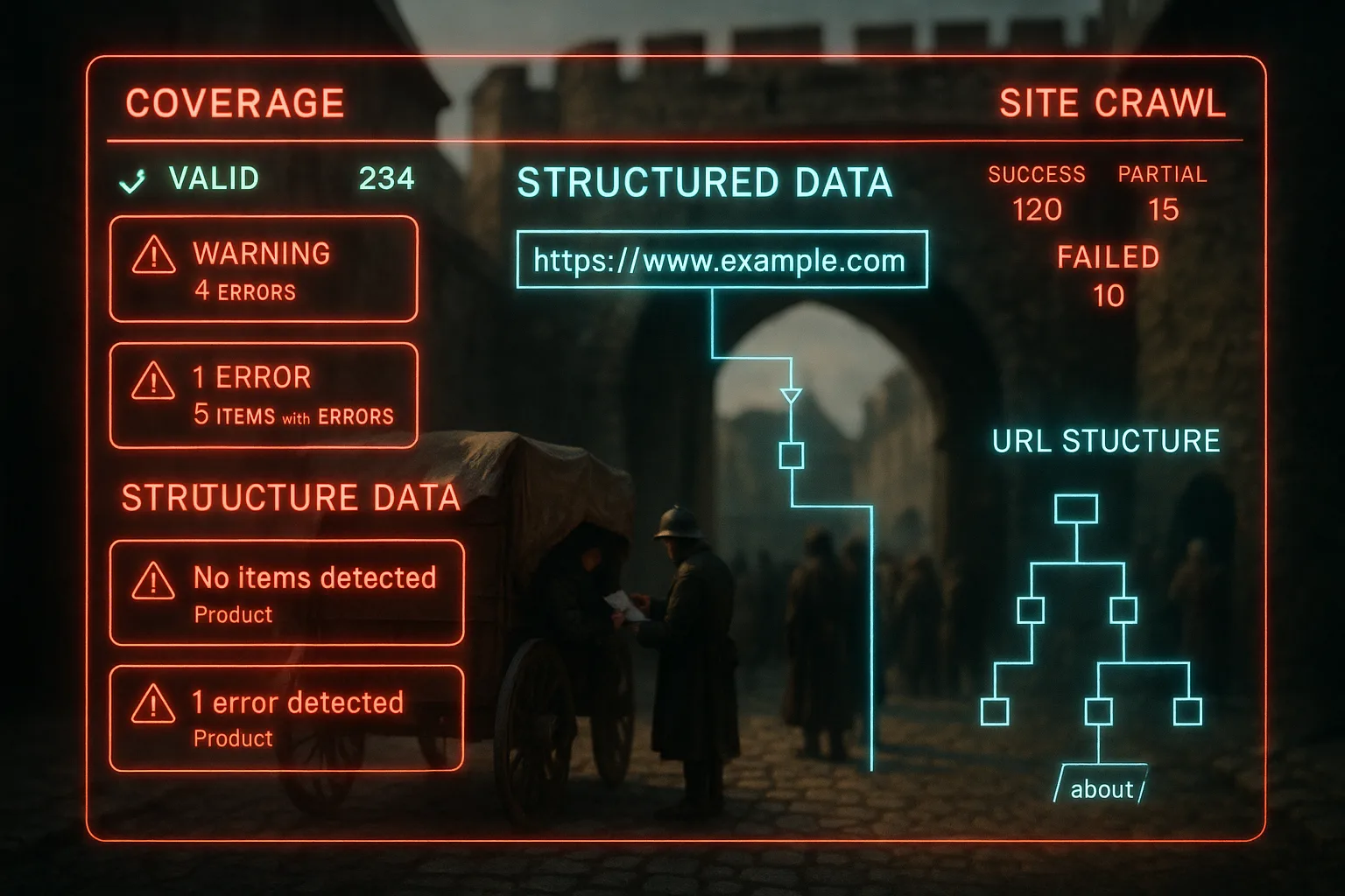 A red and cyan neon structured data and URL audit dashboard dominates the frame with a softly blurred medieval city gate behind it, a gatekeeper checking a merchant's papers at the archway.