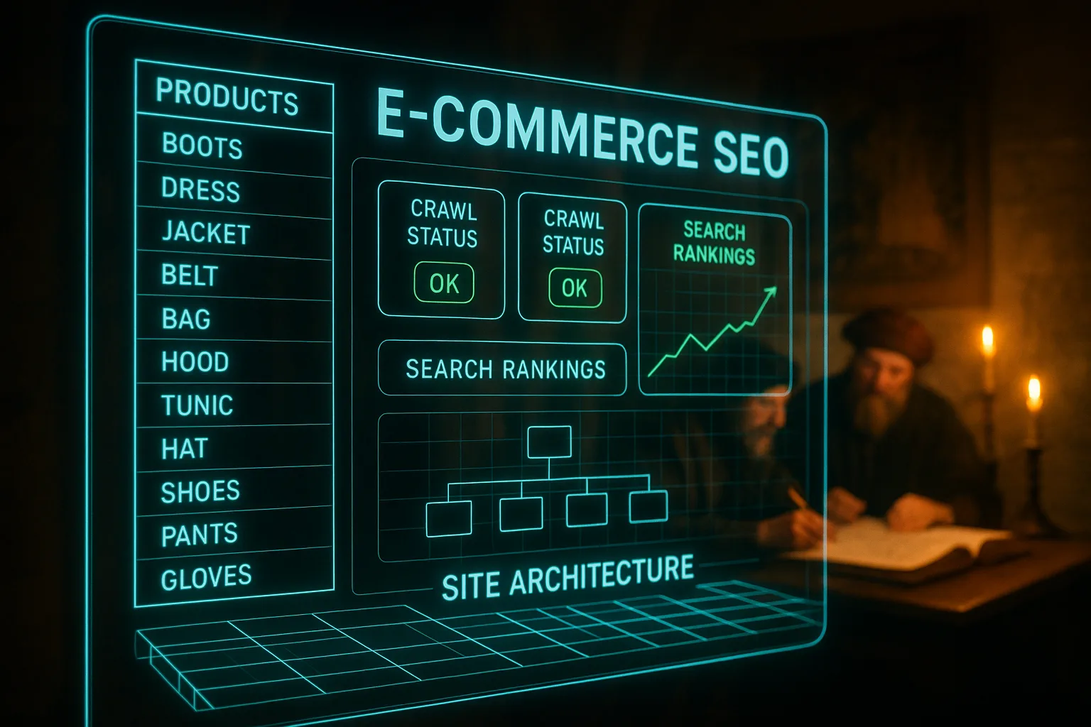 A neon holographic e-commerce SEO dashboard glows in sharp focus over a blurred medieval great hall, illustrating the key SEO implications of headless CMS e-commerce architecture.