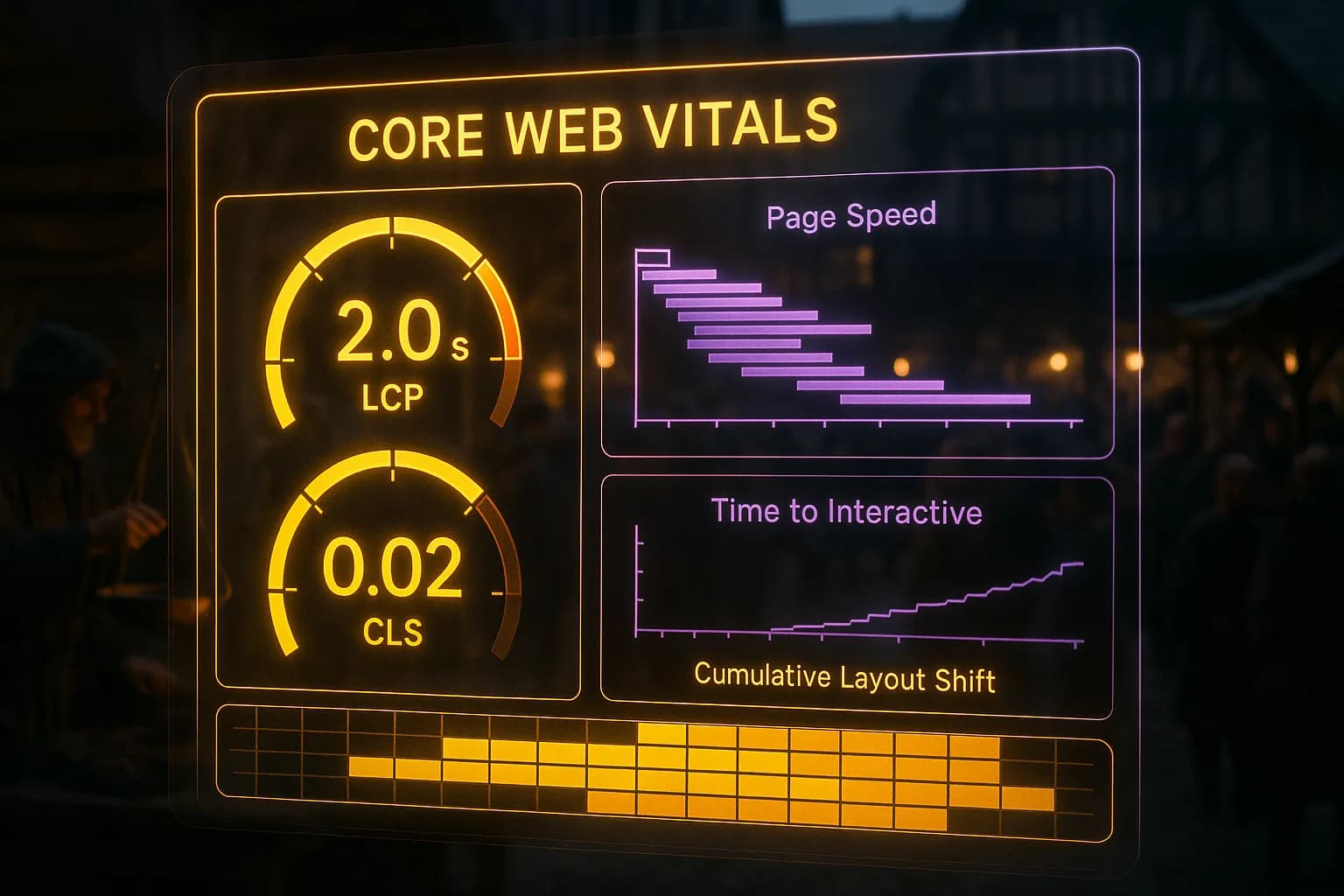 A yellow and purple neon holographic Core Web Vitals dashboard dominates the frame with LCP gauges and page speed waterfalls, while a softly blurred medieval market square with merchants and traders is visible behind the glowing screens.