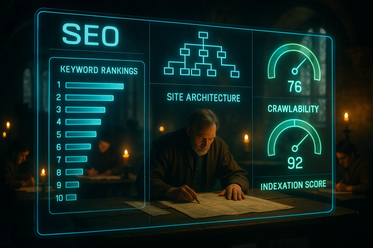 A neon holographic SEO analytics HUD glows over a softly blurred medieval guild hall, visualising headless CMS SEO performance metrics including crawlability scores and keyword rankings.