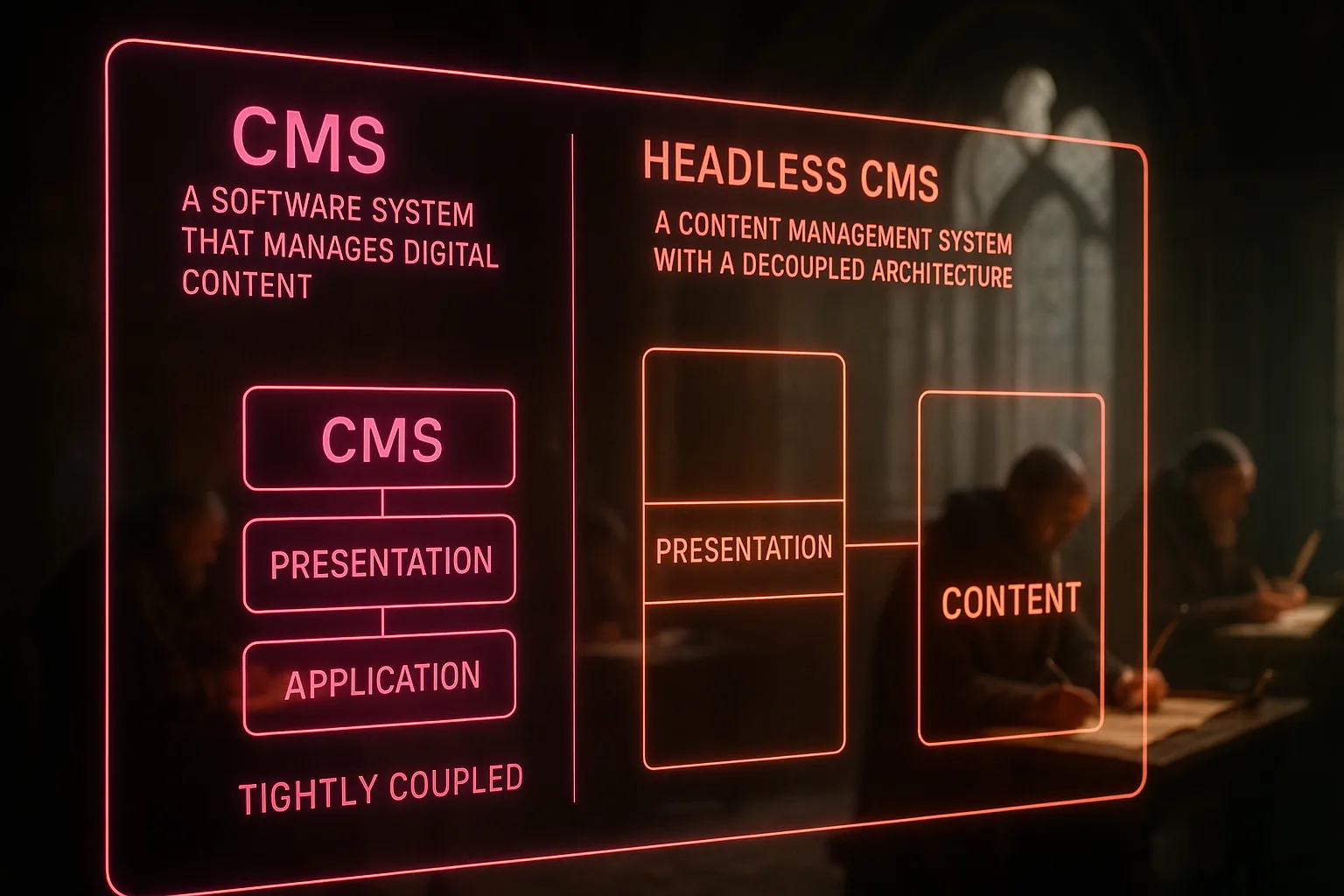 A magenta and orange neon holographic dashboard defining two CMS architecture types glows over a blurred medieval scriptorium where monks copy manuscripts at stone desks.