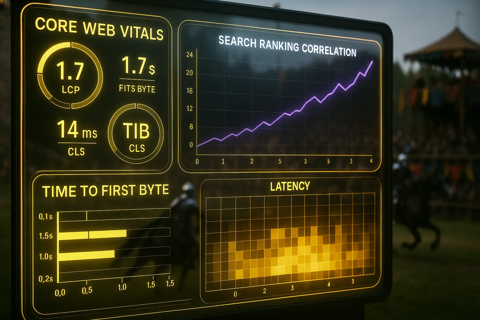 A yellow and purple neon holographic performance analytics dashboard dominates the frame with speed metrics and ranking graphs, while armoured knights compete on a blurred medieval tournament field behind it.