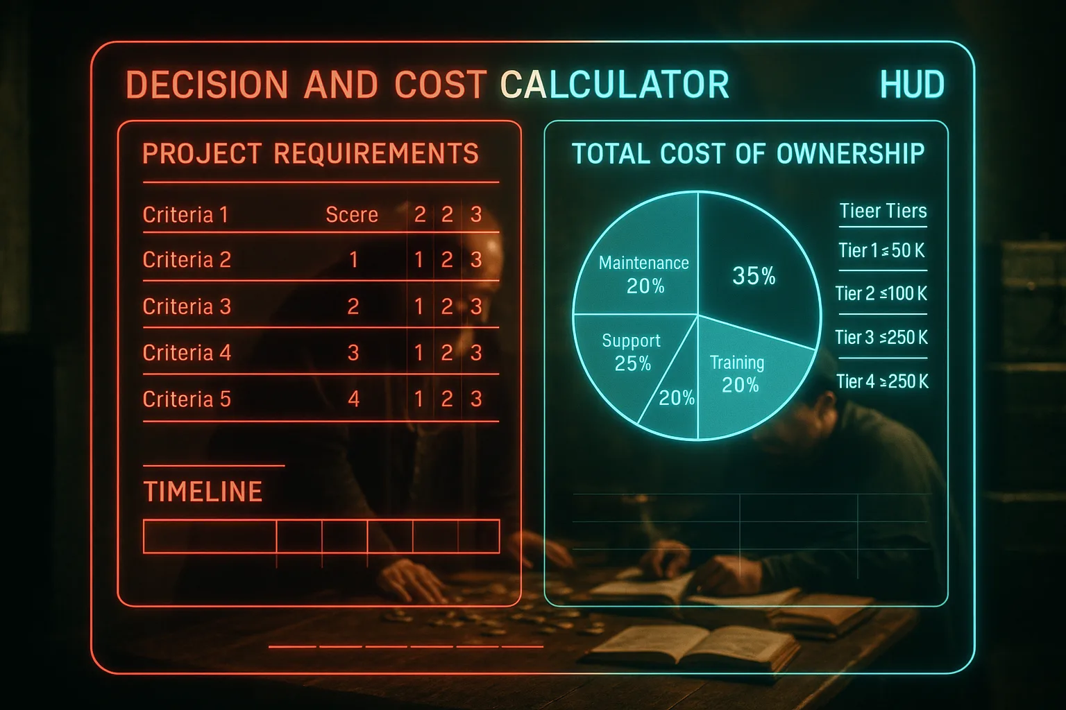 A red and cyan neon holographic decision and cost calculator dashboard fills the foreground with project scoring panels and budget charts, while a medieval steward and merchant examine ledgers in a blurred royal treasury.