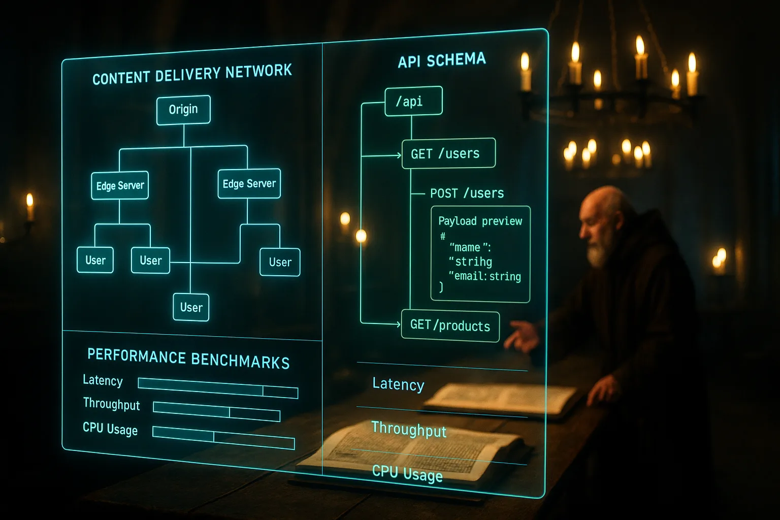 A neon holographic CMS architecture comparison dashboard glows in the foreground as a medieval scholar studies two manuscripts in a great hall, illustrating the decision between headless CMS vs traditional CMS.