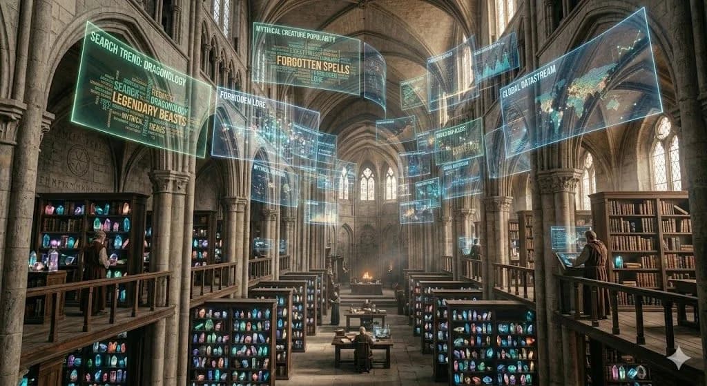 An illustration of a medieval library infused with advanced digital technology. Giant holographic displays show search data visualizations floating above rows of ancient books, illustrating the deep data diving essential for "local SEO keyword research."