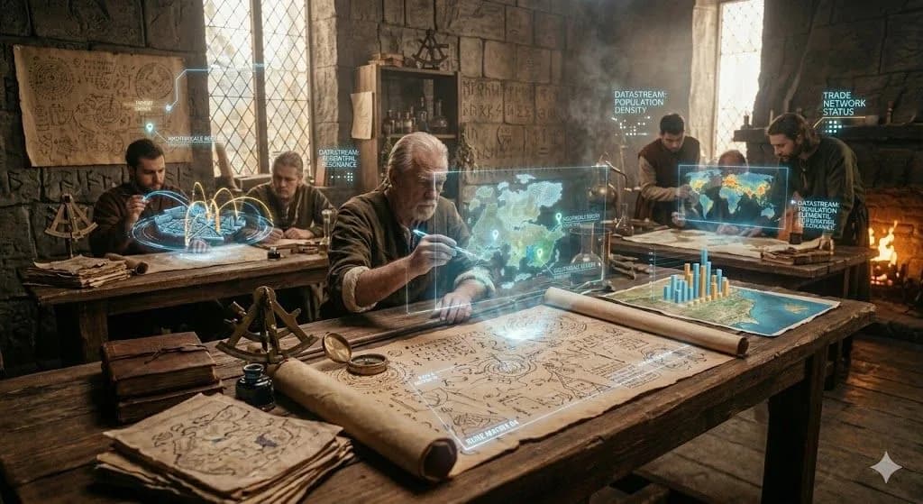 A fantasy illustration of a cartographer's guild. Instead of traditional maps, the cartographers interact with intricate, glowing digital projections of the kingdom, representing the strategic planning and data analysis of "local SEO keyword research."