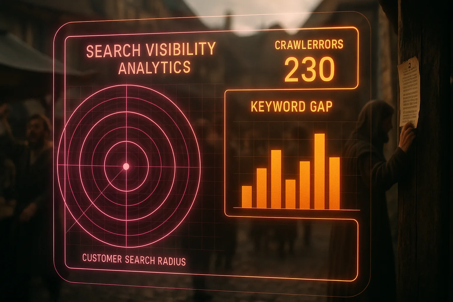 A magenta and orange neon search-visibility dashboard fills the frame with radar rings and keyword-gap columns, with a blurred medieval market square vendor scene visible behind the glowing panels.