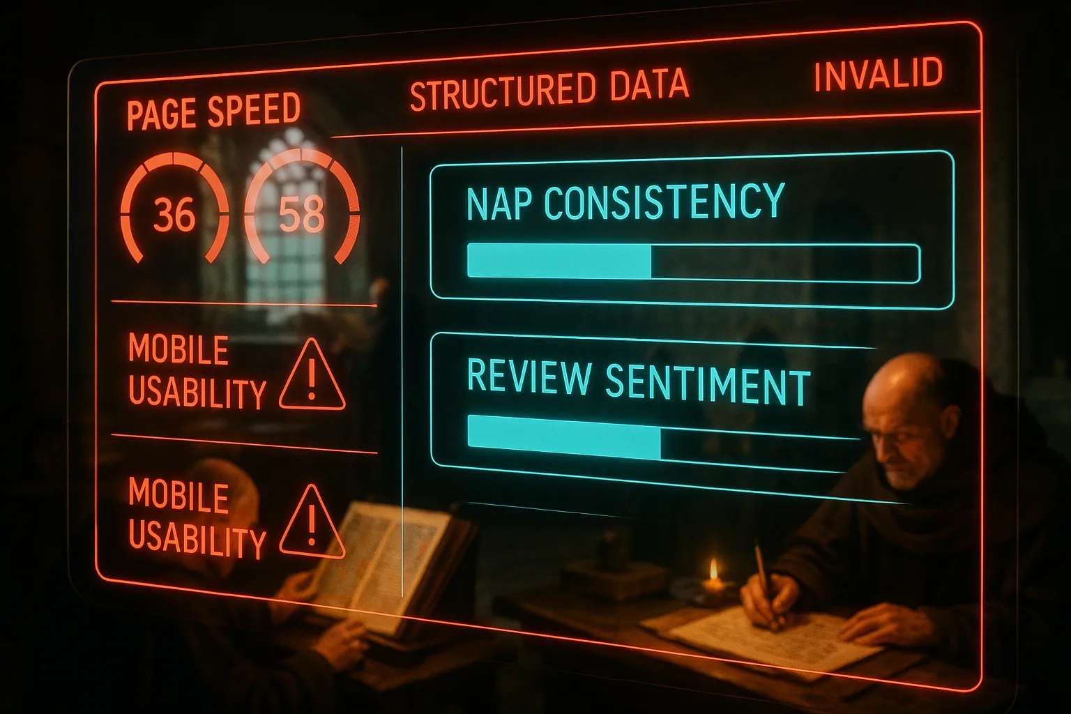 A red and cyan neon technical health dashboard showing page-speed dials and NAP-consistency checkers fills the foreground, with a blurred medieval scriptorium and monks comparing manuscripts visible behind the glowing panels.