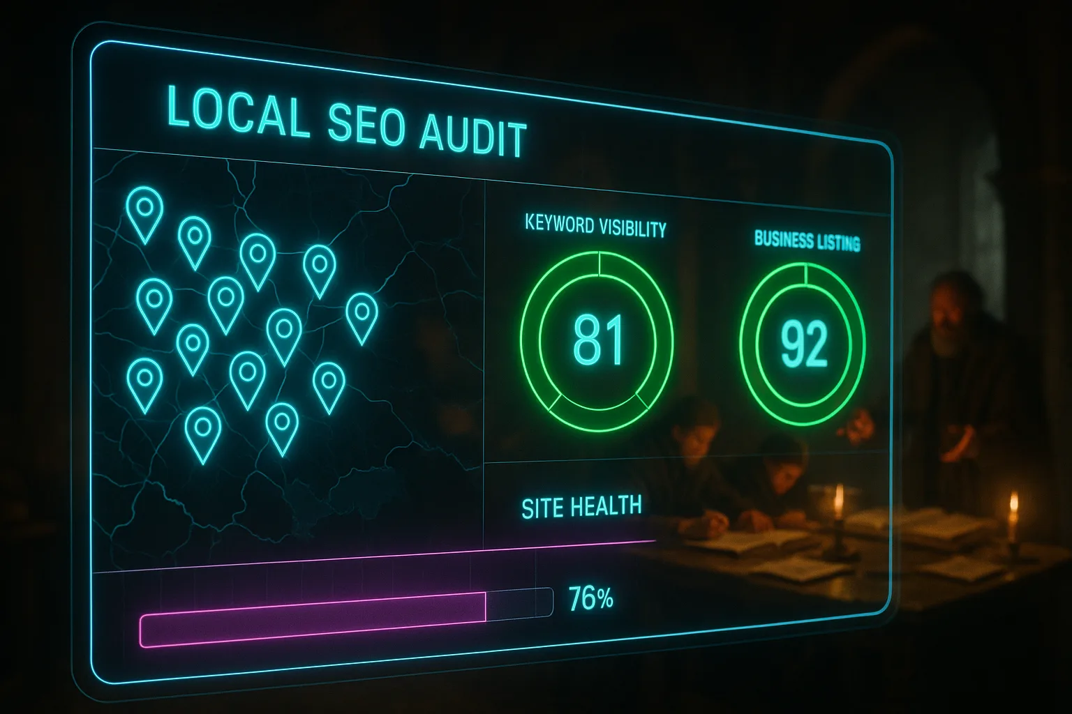 A neon holographic local SEO audit dashboard glows with cyan and green ranking panels in the foreground while a blurred medieval guild hall scene plays out behind it.